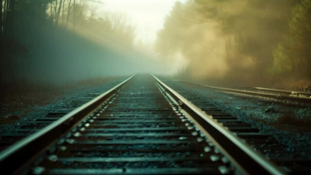 A deserted train track disappearing into the fog leaving a sense of mystery and intrigue in its wake.