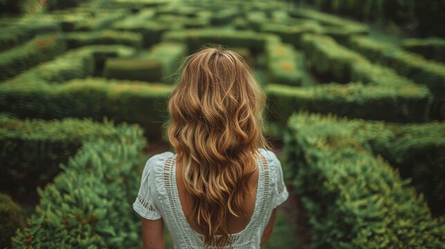 From behind, a woman with flowing hair stands at the entrance of a lush green maze, contemplating which path to take.