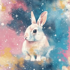 Artistic representation of a rabbit with soft textures against a dreamy, star-studded cosmic backdrop.