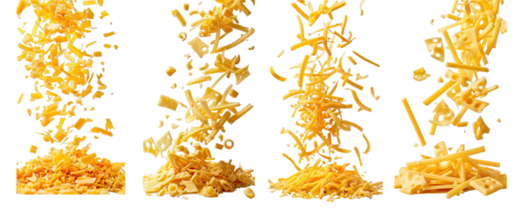 Collection of PNG. Falling grated cheese isolated on a transparent background.