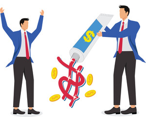 Almsgiving, philanthropist, charity and donation, compassion and sympathy, social issues, wealth issues, big hands squeezing dollar toothpaste to drop out gold coins to small businessmen