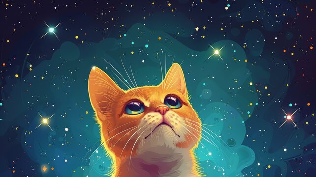 Digital illustration of an orange cat with wide eyes looking up at a vibrant, star-filled cosmic sky.
