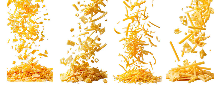 Collection of PNG. Falling grated cheese isolated on a transparent background.