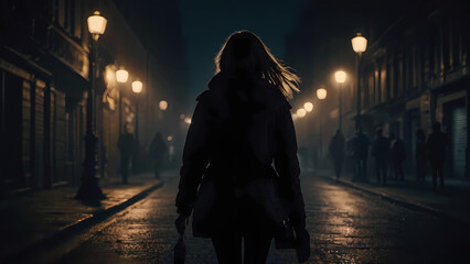A slender girl in a jacket walks down the street at night. Autumn time, gloomy atmosphere