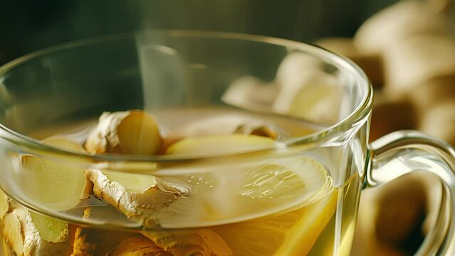 A cup of steaming ginger tea with floating slices of ginger root and a squeeze of lemon. Ginger is a wellknown herb for its antiinflammatory and immuneboosting properties.
