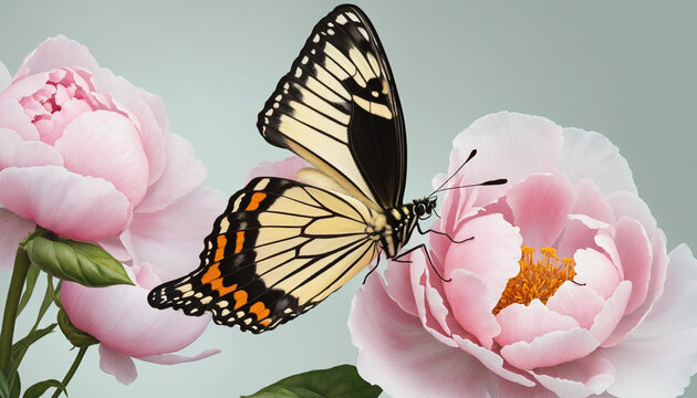 graceful butterfly perched on a blooming peony in romantic watercolor isolated on a transparent background for design layouts colorful background