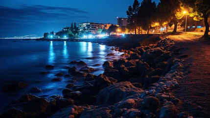 Ultra-detailed photo lights of the night metropolis located on a cliff by the sea. Generative AI