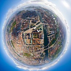 Copenhagen, Denmark. Panorama of the city in summer. Sunny weather with clouds. 360 degree aerial...