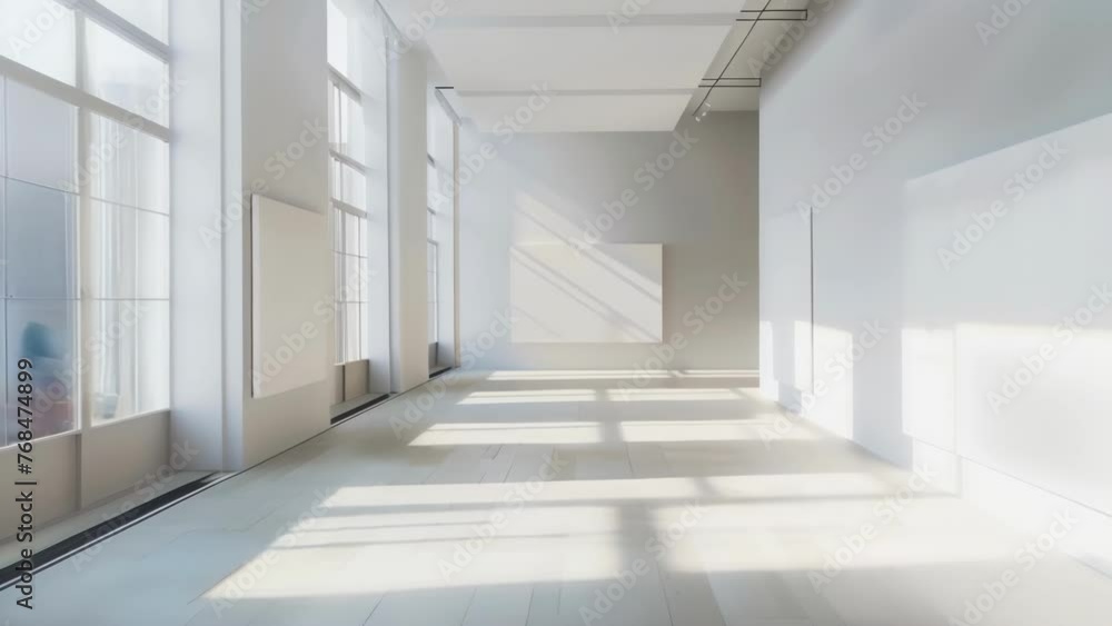Poster a serene gallery setting with natural light filtering in through large windows illuminating a series