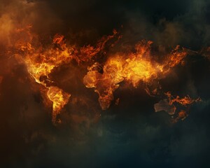 Flames and smoke within the world map, warning about wildfires and environmental destruction,