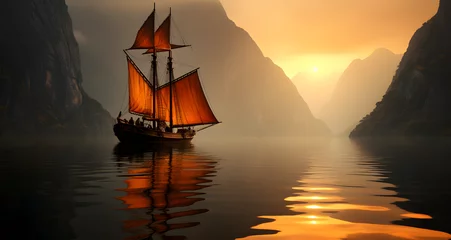  there is a sailboat that has red sails © Henry