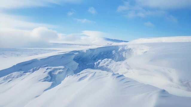 A vast expanse of untouched snow broken only by a deep scar where a powerful avalanche has ripped through the landscape.