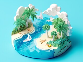 Obraz premium Paper art island, minimal origami palm and beach scene