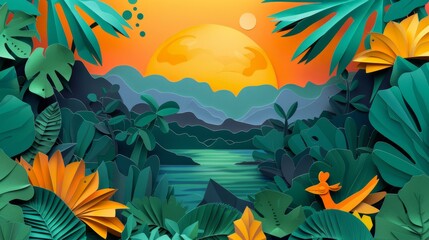 Fototapeta na wymiar Paper art of tropical landscape, rich nature background
