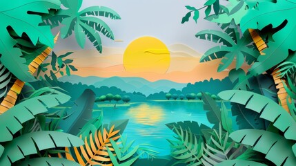 Fototapeta na wymiar Paper art of tropical landscape, rich nature background