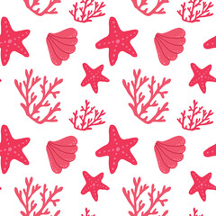 Hand-Drawn Sea Shells, Starfish, Corals Vector Seamless Pattern. Summer Beach Print.