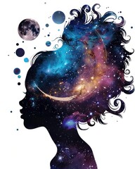 Silhouette of a woman with galaxy hair and celestial bodies