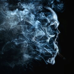 Skull-shaped cigarette smoke against a black background