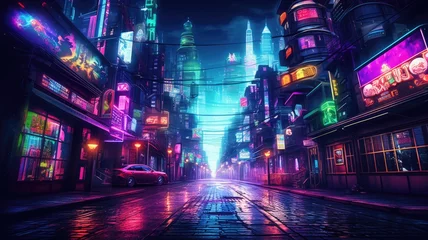 Deurstickers The picture of the neon night time futuristic cyberpunk scifi metropolis yet bright with neon light that fill everywhere of metropolis and fill with tall building and long roadway at night. AIGX01. © Summit Art Creations