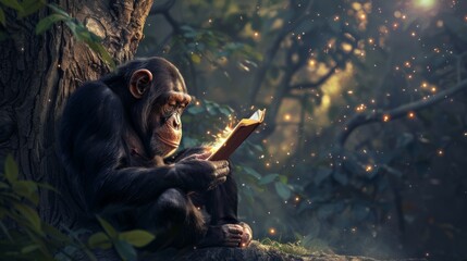 The harmony of nature and technology, chimpanzee reading at the Tree of Life - obrazy, fototapety, plakaty