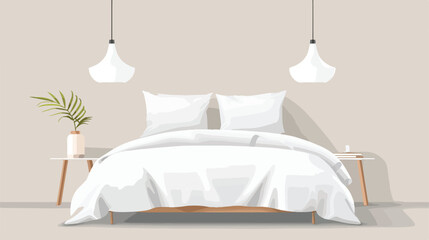 Beautiful white pillow on bed with table light lamp d - obrazy, fototapety, plakaty