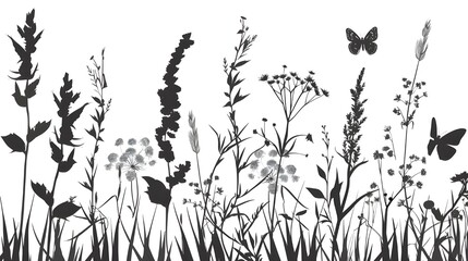 Black silhouettes of grass, flowers and herbs isolated on white background. Hand drawn sketch flowers and insects,  ai generated  - obrazy, fototapety, plakaty