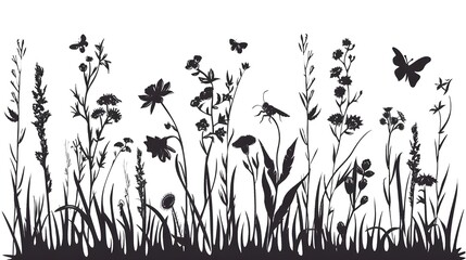 Black silhouettes of grass, flowers and herbs isolated on white background. Hand drawn sketch flowers and insects,  ai generated  - obrazy, fototapety, plakaty