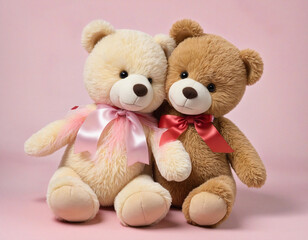 A couple Teddy bears with ribbon colorful background
