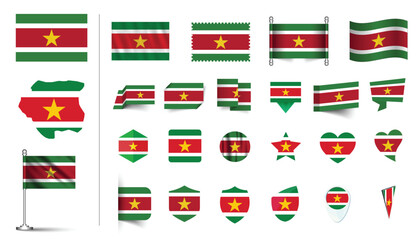 set of Suriname flag, flat Icon set vector illustration. collection of national symbols on various objects and state signs. flag button, waving, 3d rendering symbols
