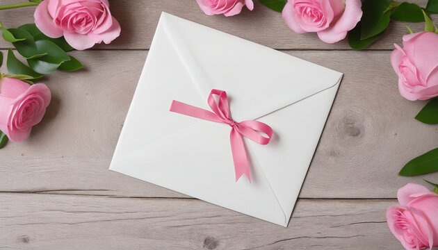 Envelope with a pretty pink ribbon on a table with flowers colorful background