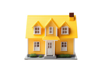 A miniature house model featuring a bright yellow roof and windows. The toy house is meticulously designed, with intricate details that showcase a charming. Isolated on a Transparent Background PNG. - obrazy, fototapety, plakaty
