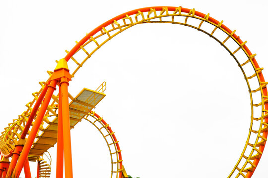 Detail image of a roller coaster track on white background