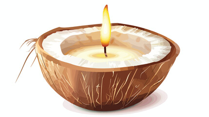 Decorative candle in a coconut on a white background. - obrazy, fototapety, plakaty