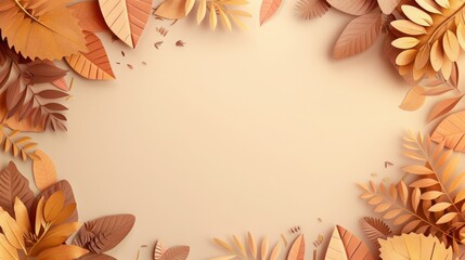 paper style, autumn / fall background with an empty space in the middle for text or product presentation, colors orange yellow blue red, 16:9