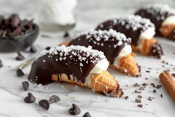 Cannoli dipped in dark chocolate and sea salt, tapping into the trend of sweet and savory flavor combinations, elegant presentation on a marble countertop