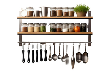 A wooden shelf in a kitchen filled with various utensils such as spatulas, ladles, measuring cups,...
