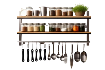 Foto auf Leinwand A wooden shelf in a kitchen filled with various utensils such as spatulas, ladles, measuring cups, and cutting boards. Isolated on a Transparent Background PNG. © Haider