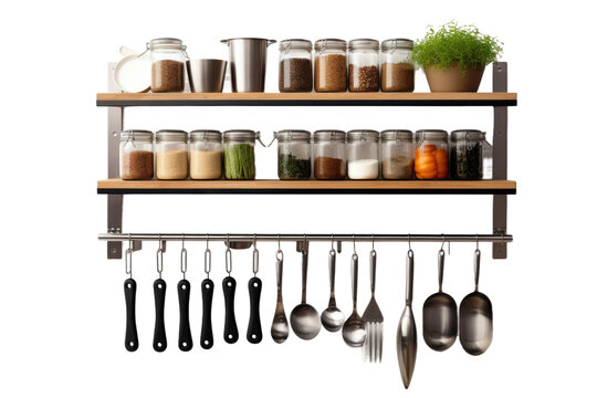 A wooden shelf in a kitchen filled with various utensils such as spatulas, ladles, measuring cups, and cutting boards. Isolated on a Transparent Background PNG.
