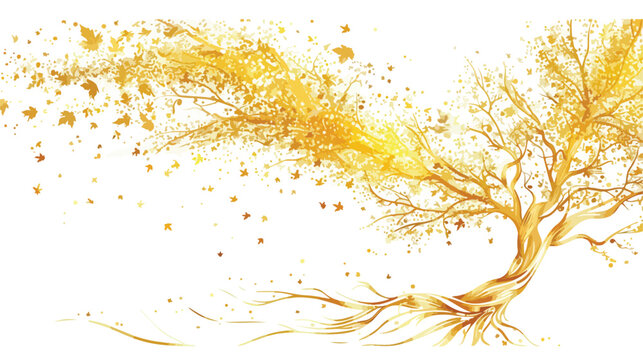 Golden tree fantasy illustration. Beautiful abstract 