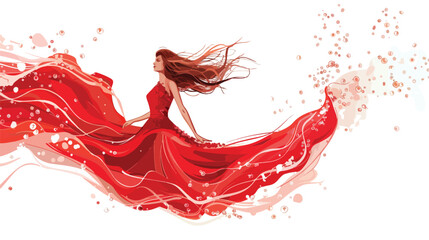 Graceful lady in scarlet dress posing underwater flat
