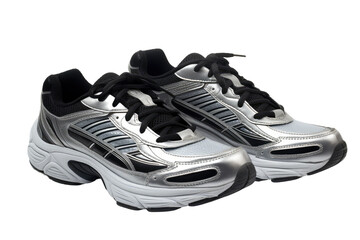 A pair of modern silver and black sneakers. The sleek design and contrasting colors of the footwear are highlighted in this minimalist composition. Isolated on a Transparent Background PNG.
