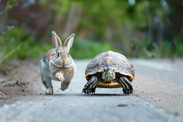 A whimsical scene capturing a rabbit and a turtle in a playful race, reminiscent of the classic fable. The image blends humor and nature, highlighting the contrast between speed and patience