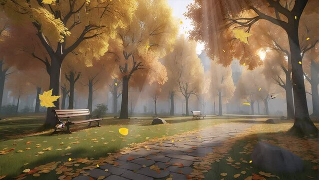 Immerse yourself in the warm ambiance of an autumn park painted with yellow foliage, bathed in the gentle glow of sunlight, portrayed in stunning 4K video footage