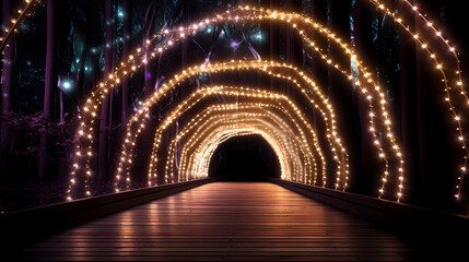 Obraz premium Empty street with a tunnel of string lights