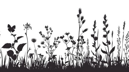 Black silhouettes of grass, flowers and herbs isolated on white background. Hand drawn sketch flowers and insects, Flower, garden grass field outline vector illustration Ai generated  - obrazy, fototapety, plakaty