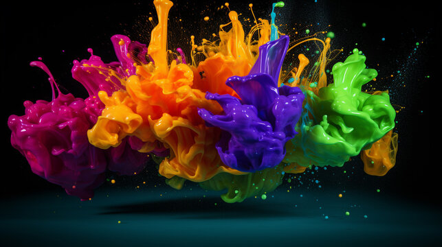  Colorful splash. Liquid and smoke explosion of colors on dark background,. Abstract pattern. Horizontal banner