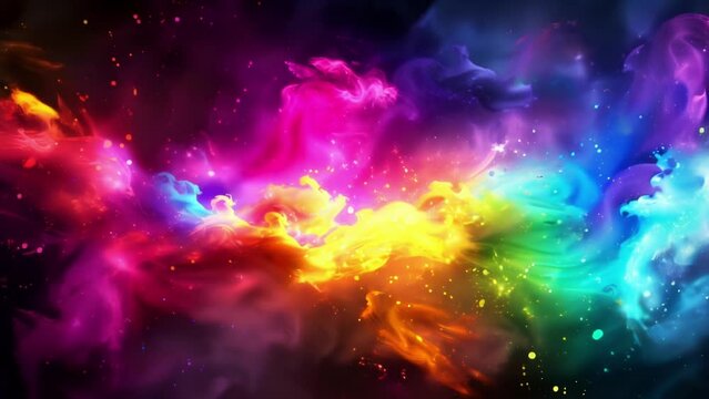 A burst of neon energy creating an explosion of colorful particles that seem to dance and swirl through the air.