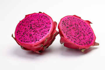 Ruby red exotic cactus dragon fruit whole cut half on white background - 768480004