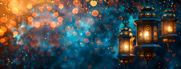 Traditional Islamic lantern and Ramadan Eid Mubarak banner for festive decoration. - obrazy, fototapety, plakaty
