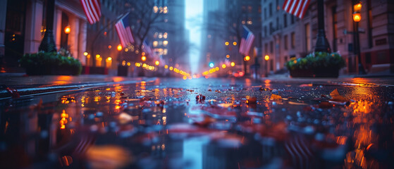 Lights in the city, Street in the city, A Row of American Flags on a City Street. Memorial Day , independence day, usa flag, labor day, illustration Ai generated image